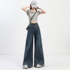 批发复古蓝色宽松<b class='q'>大</b>喇叭牛仔<b class='q'>裤</b>女 2025春季高腰显瘦窄版拖地阔腿<b class='q'>裤</b>