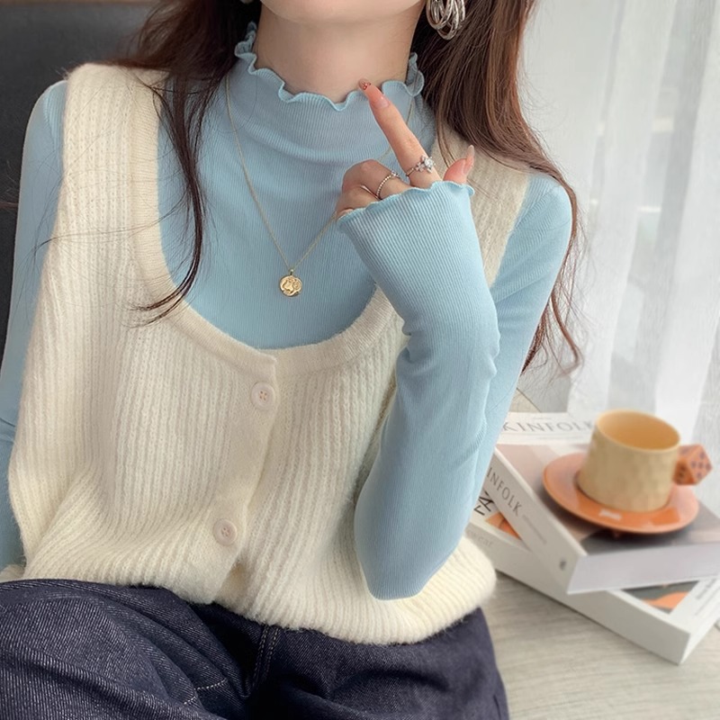 양면 연삭 털 260 그램 긴팔 티셔츠 여성 의류 봄 가을 트렌디 얇은 몸매 가꾸기 기본 셔츠 반하이넥 한국 스타일 맨위