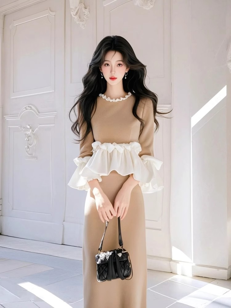 MY15626# 富家千金高级感气质百搭经典超好看卡其色上衣半身裙套装女裝貨源服裝批發