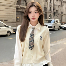 批发AI图 复古学院风时尚叠穿套装女毛衣马甲背心衬衫领带三件套