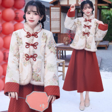 批发实拍新中式汉服开衫毛边立领盘扣印花加厚棉服国风改良半身裙套装