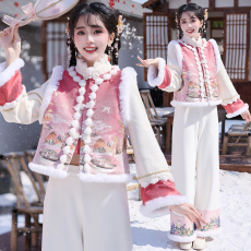 批发实拍新中式唐装毛边立领盘扣加厚改良拼接上衣国潮刺绣长裤两件套