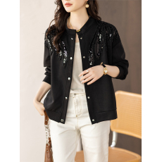 批发限价+12+小视频 时尚钉珠拼接黑色外套女春秋季休闲上衣<b class='q'>大码</b>女装