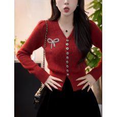 批发小香风蝴蝶结针织开衫<b class='q'>毛衣</b>女喜庆红色圣诞气质显瘦<b class='q'>短款</b>V领上衣潮