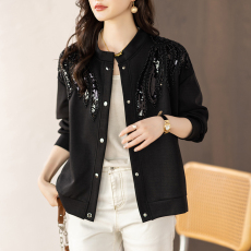 批发限价+12 春季时尚钉珠拼接黑色外套休闲上衣2026年新款<b class='q'>大码</b>女装