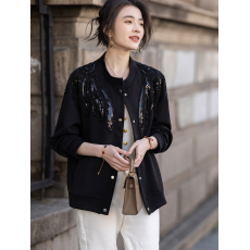 批发限价+12+小视频 时尚钉珠拼接黑色外套女秋欧货休闲上衣<b class='q'>大码</b>女装