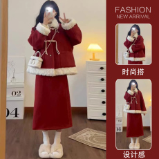 批发秋冬新款2026孕妇装新中式国风盘扣设计感毛呢喜庆两件套