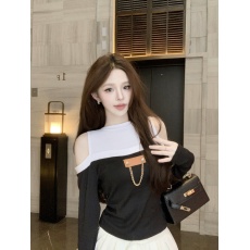 批发长袖露肩设计感时尚穿搭<b class='q'>T</b><b class='q'>恤</b>修身洋气撞色百搭今年流行火爆新款