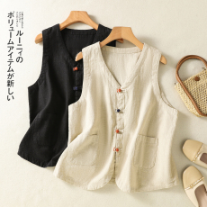 批发实拍2026春季新中式<b class='q'>女装</b>复古盘扣外搭背心棉麻无袖上衣开衫小马甲