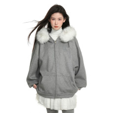 批发灰色毛毛领连帽卫衣外套女秋冬季宽松小个子慵懒加厚拉链<b class='q'>开衫</b>上衣