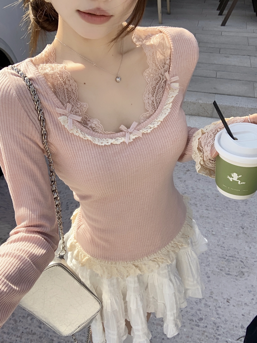 MY935# 纯欲风蕾丝拼接假两件长袖T恤女辣妹修身显瘦内搭打底上衣可外穿女裝貨源服裝批發