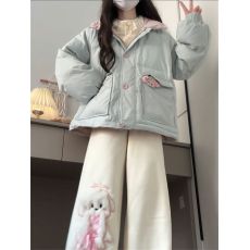 批发韩版甜美风小个子粉色格纹翻领双面穿棉服冬季保暖面包服学生外套