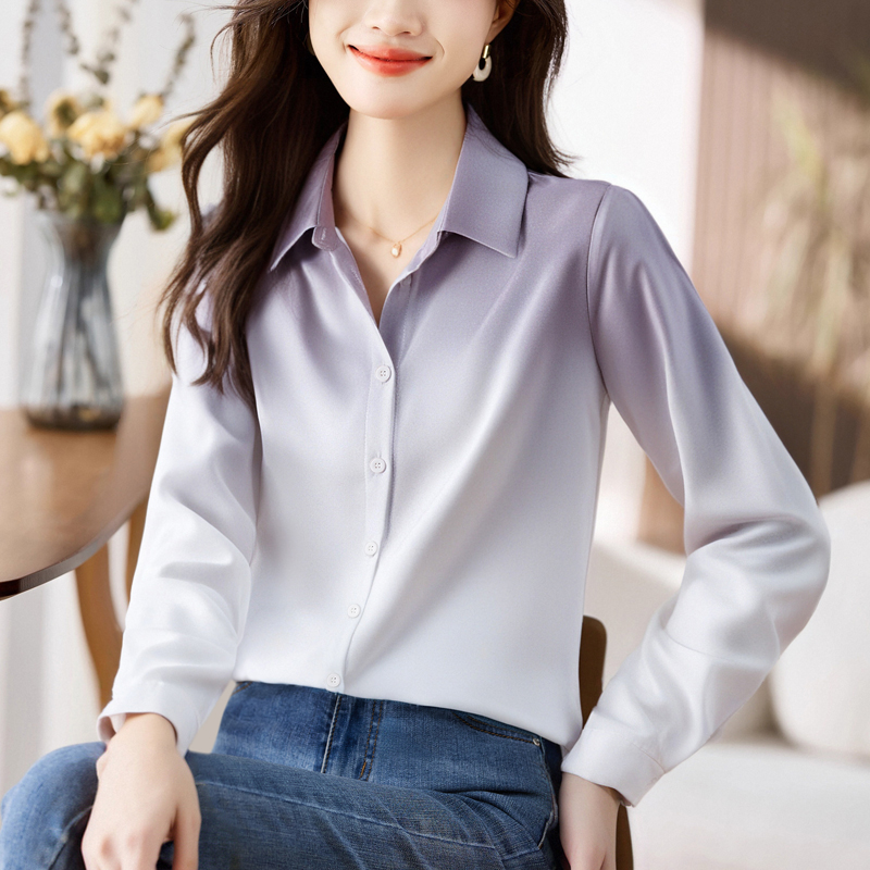 실사 외국 가스 봄 가을 새로운 여성 폴로 칼라 그라데이션 색상 쉬폰 블라우스 맨위 슬림해 보이는 오픈 가디건 셔츠 기본 셔츠 셔츠