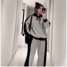 批发韩国chic秋冬气质宽松撞色长袖加绒连帽卫衣+高腰休闲裤<b class='q'>长裤</b>套装