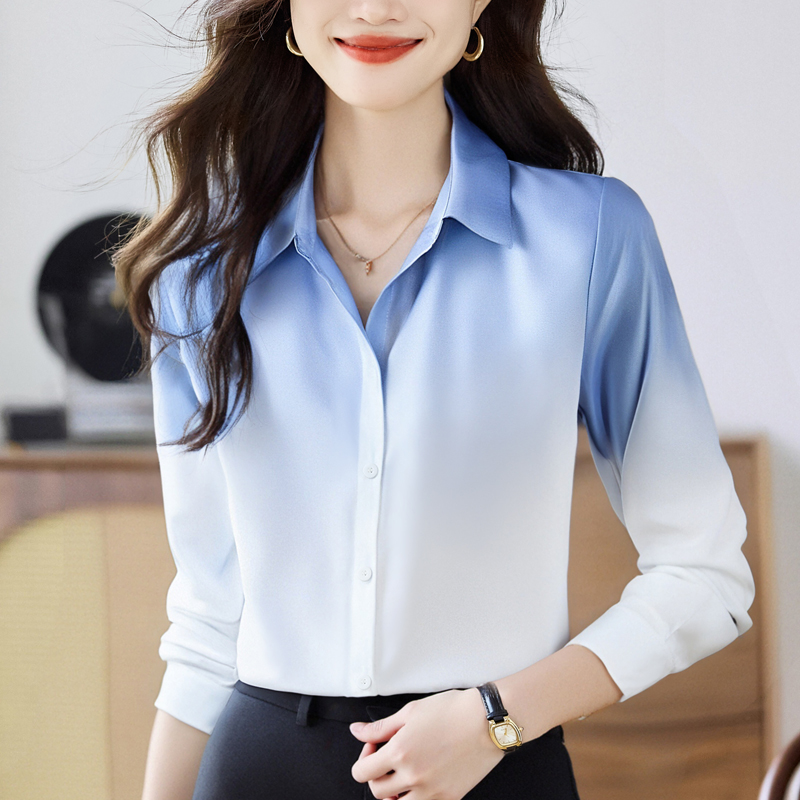 실사 외국 가스 봄 가을 새로운 여성 폴로 칼라 그라데이션 색상 쉬폰 블라우스 맨위 슬림해 보이는 오픈 가디건 셔츠 기본 셔츠 셔츠