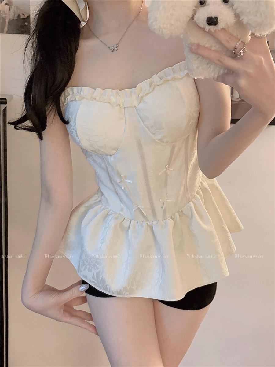 PF29979# 法式吊带背心春夏外穿设计感蝴蝶结鱼骨收腰娃娃衫女裝貨源服裝批發