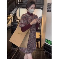 批发实价小香风红色复古针织打底<b class='q'>连衣裙</b><b class='q'>两件套</b>短袖圆领A字裙