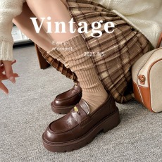 批发网红同款 春秋新款马皮金币英伦风圆头一脚蹬懒人厚底乐福皮鞋