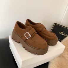 批发网红同款 学院圆头金属一字扣带增高粗跟厚底乐福小皮鞋女春秋