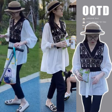 批发秋季孕妇装2025年新款韩货v领假两件长袖衬衫法式设计感上衣