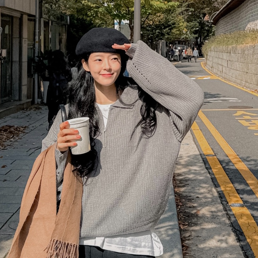 있음 선적 빅 사이즈 한국 chic 미니멀리즘 다용도 POLO 칼라 하프 지퍼 느긋한 루즈핏 스웨터 보온 니트 스웨터