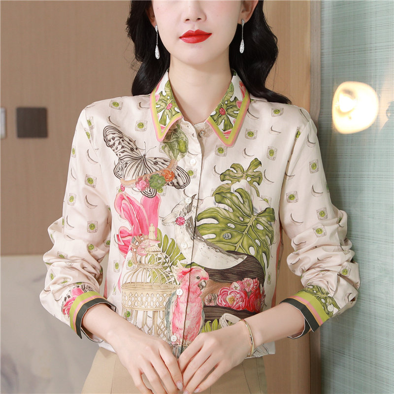 MY1457#真丝花色衬衫长袖女复古文艺风抽象印花衬衣女裝貨源服裝批發
