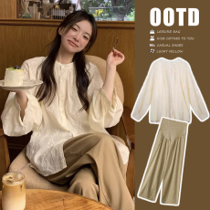 批发现 孕妇春季新款法式复古温柔设计感重工刺绣衬衫+阔腿托腹<b class='q'>裤</b>