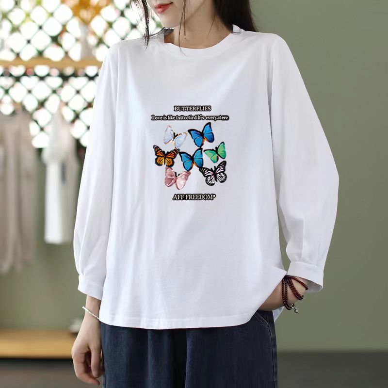 MY16968# 文艺纯棉九分袖T恤新款韩版宽松大码显瘦中袖圆领上衣女裝貨...