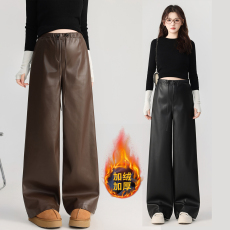 批发<b class='q'>实拍</b>2025秋冬新款黑色哑光PU<b class='q'>孕妇</b><b class='q'>皮裤</b>加绒休闲垂感直筒阔腿拖地裤