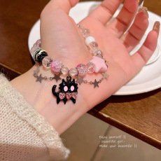 批发多巴胺粉色串珠手串甜美可爱黑色小猫咪手链女小红书同款手饰