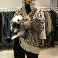 批发秋季韩版复古领千鸟格加厚针织衫外套中长款长袖<b class='q'>毛衣</b>开衫女