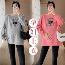 批发孕妇上衣2025新款卫衣时尚绣花卡通小熊宽松型上衣外出长袖上衣