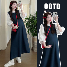 批发实拍2026春秋季网红爆款新款纯色孕妇牛仔背带裙+泡泡袖上衣