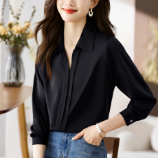 批发实拍缎面仿真丝秋季新款女装翻领纯色<b class='q'>雪纺</b><b class='q'>衫</b>上衣开衫衬衫打底衬衣