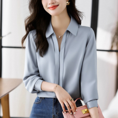 批发实拍缎面仿真丝秋季新款女装翻领纯色<b class='q'>雪纺</b><b class='q'>衫</b>上衣开衫衬衫打底衬衣