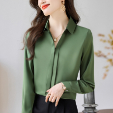 批发实拍缎面仿真丝秋季新款女装翻领纯色<b class='q'>雪纺</b><b class='q'>衫</b>上衣开衫衬衫打底衬衣