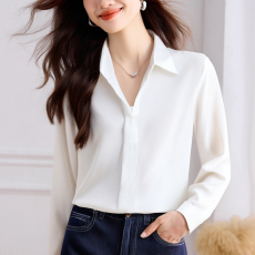 批发实拍缎面仿真丝秋季新款女装翻领纯色<b class='q'>雪纺</b><b class='q'>衫</b>上衣开衫衬衫打底衬衣