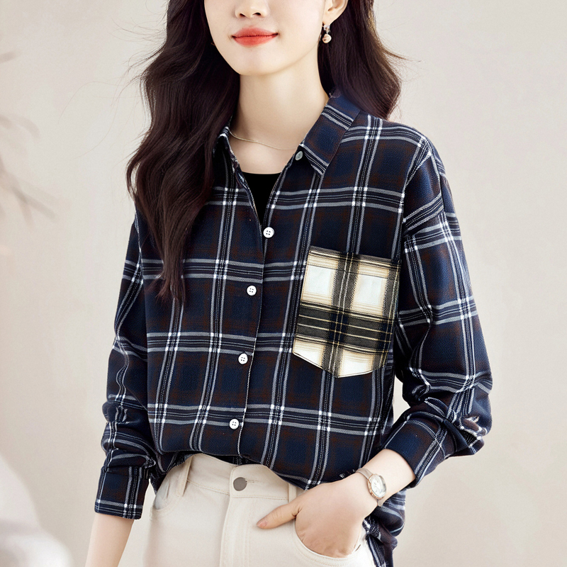실사 외국 가스 가을 새로운 여성 의류 폴로 칼라 패치워크 체크무늬 쉬폰 블라우스 맨위 오픈 가디건 셔츠 기본 셔츠 셔츠