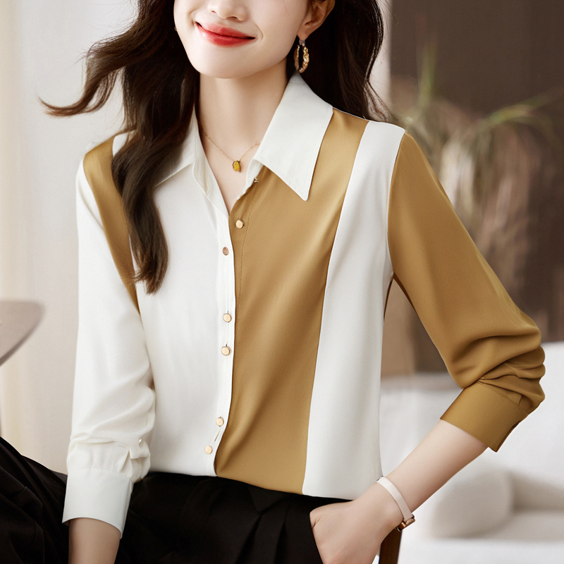 실사 외국 가스 가을 새로운 여성 의류 폴로 칼라 새틴 패치워크 시뮬레이션 실크 쉬폰 블라우스 맨위 오픈 가디건 셔츠 셔츠