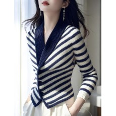 今年流行独特漂亮蓝色条纹毛衣内搭秋冬可外穿慵懒高级感针织开衫