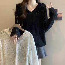 批发2026春季新款时尚镂空<b class='q'>钩花</b>连帽<b class='q'>蕾丝</b><b class='q'>上衣</b>女胖MM宽松遮肉显瘦打底衫