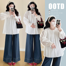 批发早春新款孕妇气质<b class='q'>百搭</b>衬衣小衫+洗水牛仔阔腿裤