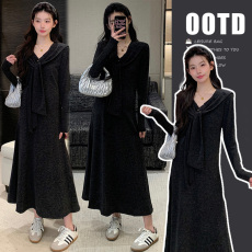 批发实拍新款春装V领修身气质长裙极简针织送披肩孕妇裙