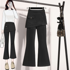 批发实拍春新款大码黑色松紧腰休闲裙裤胖MM弹力显瘦九分微喇女裤