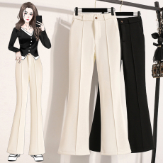 批发实拍春款大码简约百搭休闲宽松型大喇叭型长裤垂感拖地阔腿西装女