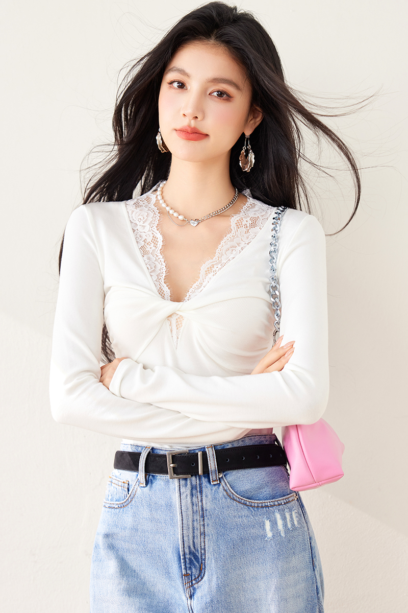 실사 순수한 욕망 레이스 V넥 화이트 니트 스웨터 여성 디자인 센스 chic 몸매 가꾸기 인사이드 가져 가라. 만나는 맨위