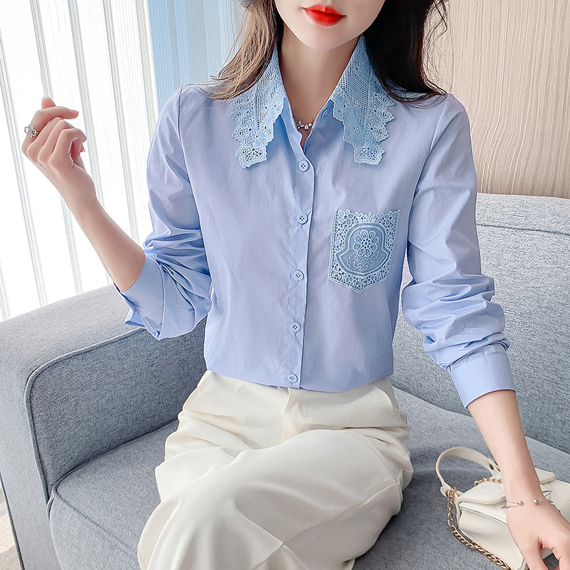 MY1110# 蕾丝领单排扣女士衬衫新款洋气百搭长袖上衣女裝貨源服裝批發