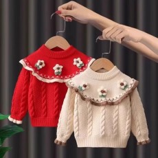 批发女童复古麻花套头毛衣秋<b class='q'>冬</b>新款中大儿童荷叶边花朵洋气甜美针织衫