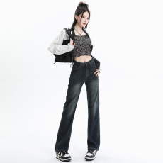 批发新春季2026窄版直筒<b class='q'>牛仔裤</b>女新款流行爆款小个子显高腰阔腿裤<b class='q'>弹力</b>