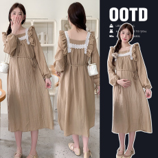 批发孕妇装2026新款春装连衣裙方领绑带高级设计感时髦洋气连衣裙